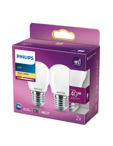 LAMPADINA A LED IN VETRO "PHILIPS" SFERA 40W E27 2700K, LUCE CALDA 2 PZ