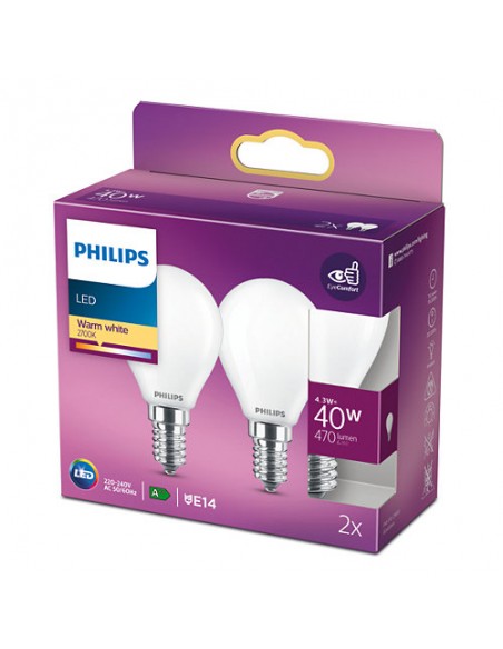 LAMPADINA A LED IN VETRO "PHILIPS" SFERA 40W E14 2700K, LUCE CALDA 2 PZ