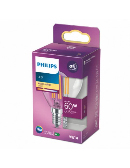 LAMPADINA A LED A FILAMENTO "PHILIPS" SFERA 60W E14 2700K, LUCE CALDA