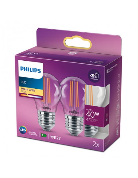 LAMPADINA A LED A FILAMENTO "PHILIPS" SFERA 40W E27 2700K, LUCE CALDA 2 PZ