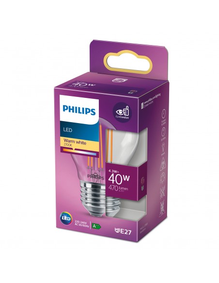 LAMPADINA A LED A FILAMENTO "PHILIPS" SFERA 40W E27 2700K, LUCE CALDA
