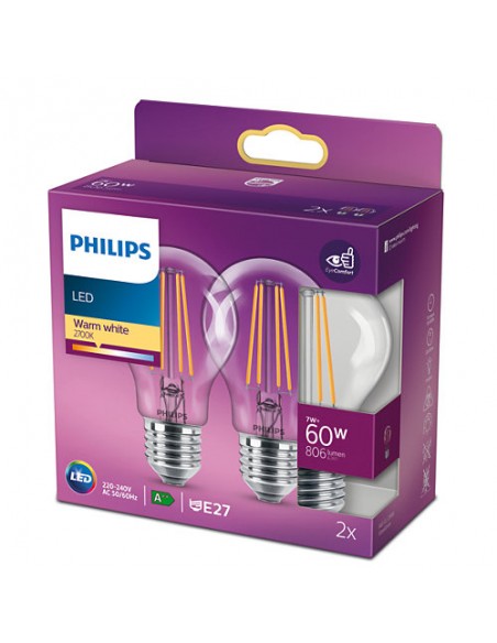 LAMPADINA A LED A FILAMENTO "PHILIPS" GOCCIA 60W E27 2700K, LUCE CALDA 2 PZ