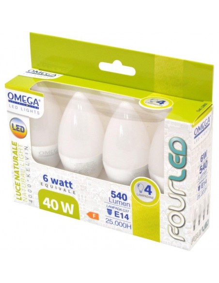 SET 4 LAMPADINE A LED LUNGA DURATA "CANDELA" 6W 4000K 480LM E14