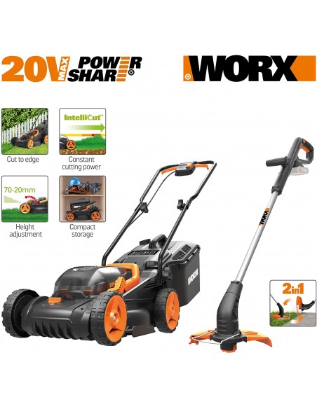 WORX RASAERBA 2X20V 2AH+TAGLIABORDI 20V 40V 2 BATTERIE INCLUSE