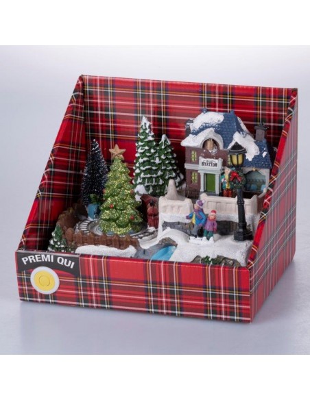 VILLAGGIO NATALIZIO CON MUSICA E LUCI ALBERO TRENINO 20X15CM