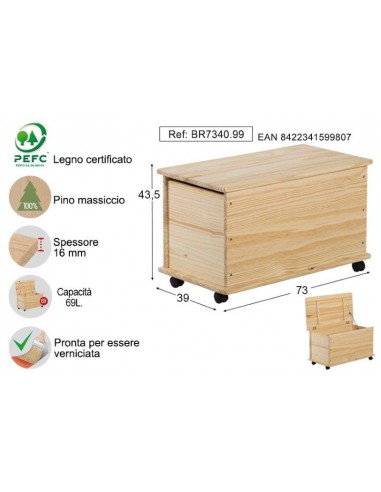 BAULE IN PINO CON RUOTE 73X39X43,5CM BAULE IN PINO CON RUOTE 73X39X43,5CM