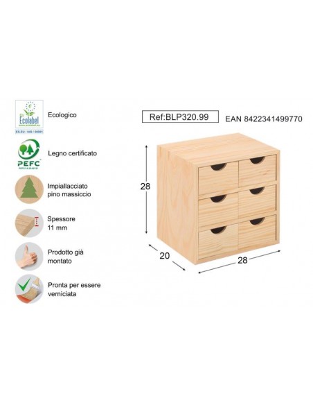 MINI CASSETTIERA PINO 6 CASSETTI  28X20X28H