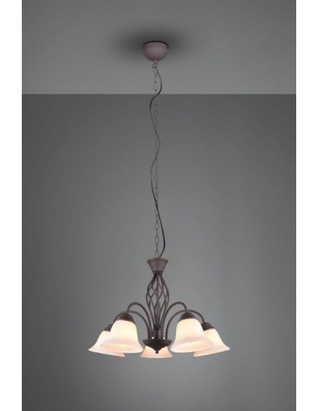 RUSTICA LAMPADARIO METALLO RUGGINE CON 5 DIFFUSORI VETRO BIANCO D. 60CM