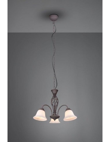 RUSTICA LAMPADARIO METALLO RUGGINE CON 3 DIFFUSORI VETRO BIANCO D. 55CM