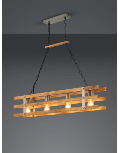 KHAN SOSPENSIONE LEGNO E METALLO ANTICATO RETTANGOLARE 4 LUCI L.100CM