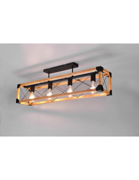 TENALI PLAFONIERA LEGNO NATURALE E METALLO NERO 4 LUCI L. 100CM