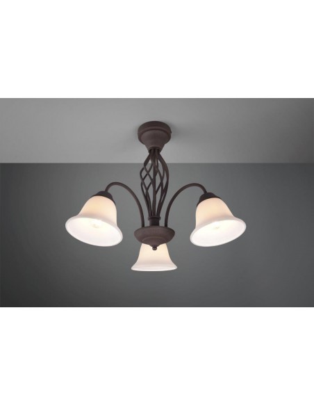 RUSTICA PLAFONIERA METALLO RUGGINE CON 3 DIFFUSORI VETRO BIANCO D. 55CM