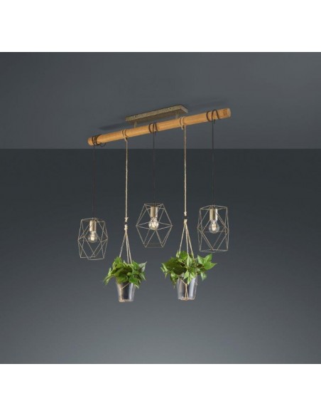 PLANT SOSPENSIONE GABBIA 3 LUCI METALLO ACCIAO ANTICATO E CORDA 2 PORTA PIANTA L. 100CM