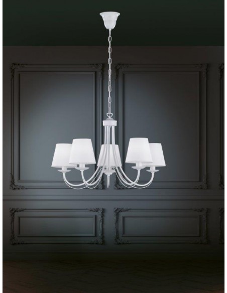 CORTEZ LAMPADARIO 5 LUCI METALLO BIANCO OPACO CON PARALUMI STOFFA BIANCA D. 65