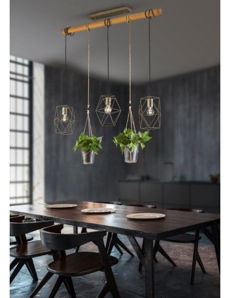 PLANT SOSPENSIONE GABBIA 3 LUCI METALLO ACCIAO ANTICATO E CORDA 2 PORTA PIANTA L. 100CM