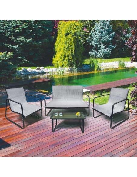 SET GIARDINO 4 POSTI “SAINT TROPEZ”, TAVOLINO CON TOP IN VETRO