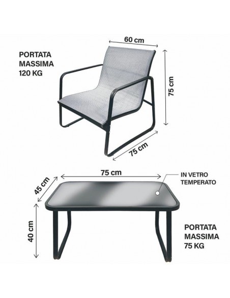 SET GIARDINO 4 POSTI “SAINT TROPEZ”, TAVOLINO CON TOP IN VETRO