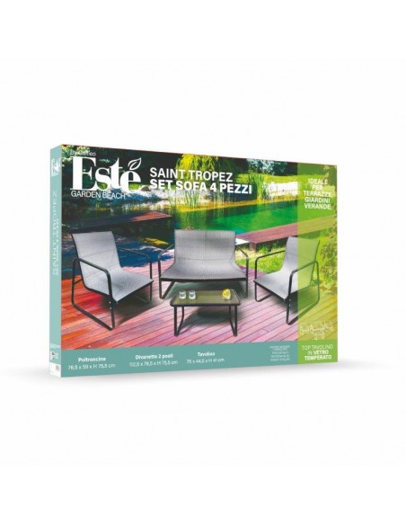 SET GIARDINO 4 POSTI “SAINT TROPEZ”, TAVOLINO CON TOP IN VETRO