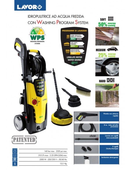 IDROPULITRICE ELETTRICA A FREDDO MULTIACCESSORIATA LAVORWASH "STM 160 WPS" 160 BAR 510 L/H 2500 W