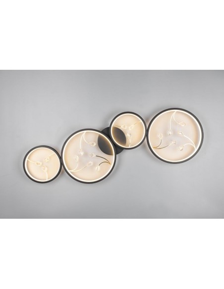GROOVY PLAFONIERA LED 4 CERCHI CON DECORI GEMME NERA FUNZIONE REGOLAZIONE INTENSITA'  INTERRUTTORE A PARETE L. 96CM