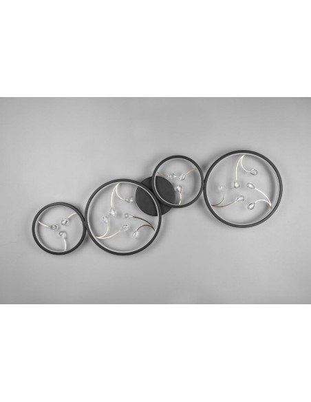 GROOVY PLAFONIERA LED 4 CERCHI CON DECORI GEMME NERA FUNZIONE REGOLAZIONE INTENSITA'  INTERRUTTORE A PARETE L. 96CM