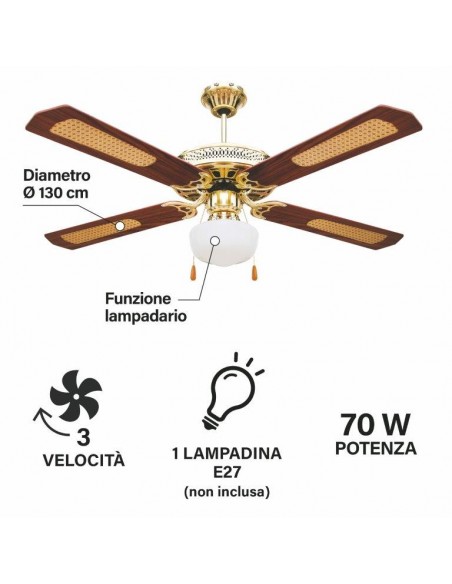 VENTILATORE CON LAMPADA A SOFFITTO 4 PALE4 pale d130 legno