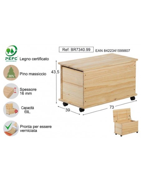 BAULE IN PINO CON RUOTE 73X39X43,5CM