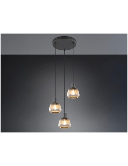 "TARIFA" SOSPENSIONE 3 LUCI NERO/VETRO RIGATO D25