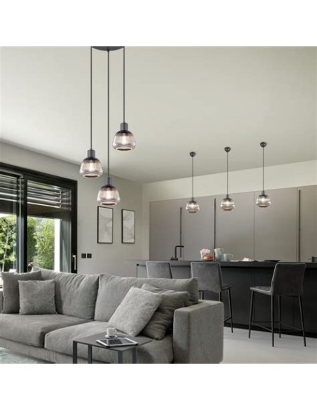 "TARIFA" SOSPENSIONE 3 LUCI NERO/VETRO RIGATO D25