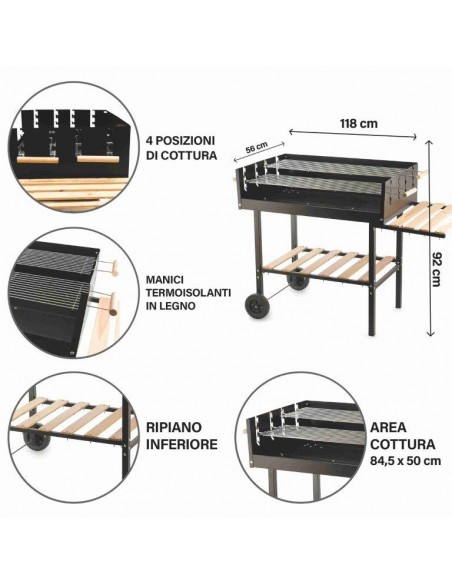 BBQ RETTANGOLARE NERO CON RUOTE 118X56X92CM
