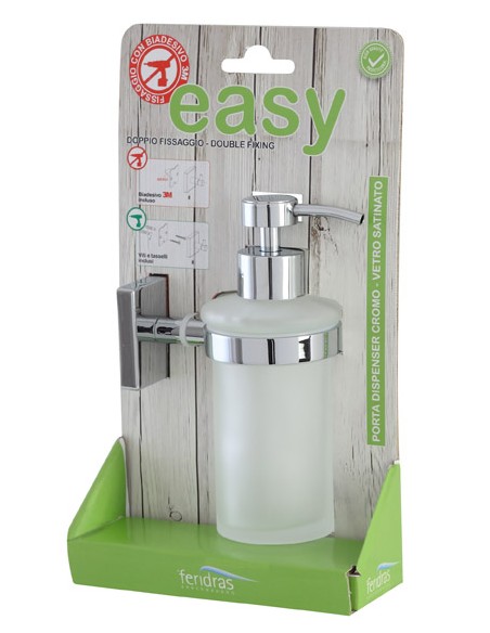 PORTA DISPENSER IN ACCIAIO CROMATO E VETRO FROST CON DOPPIA MODALITA DI FISSAGGIO