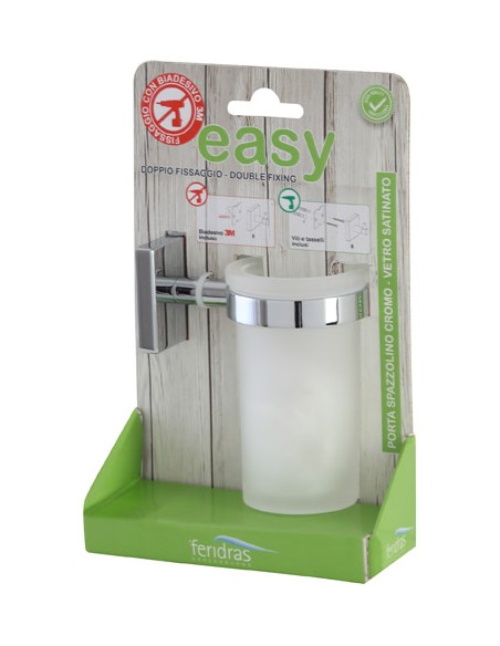 PORTA SPAZZOLINO IN ACCIAIO CROMATO E VETRO FROST CON DOPPIA MODALITA DI FISSAGGIO